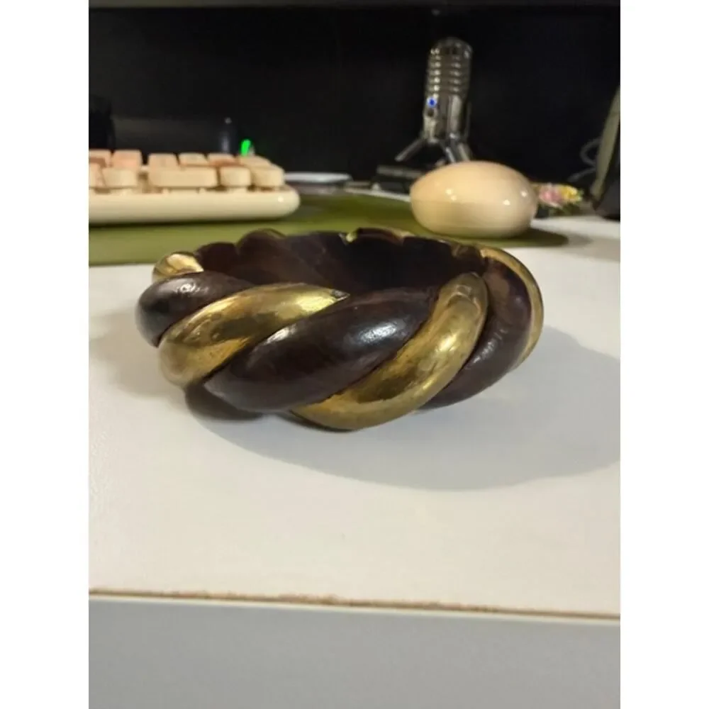 Vintage Chunky Twisted Wood & Brass Bangle Bracelet Heavy Rope 60-70s Tribal MCM